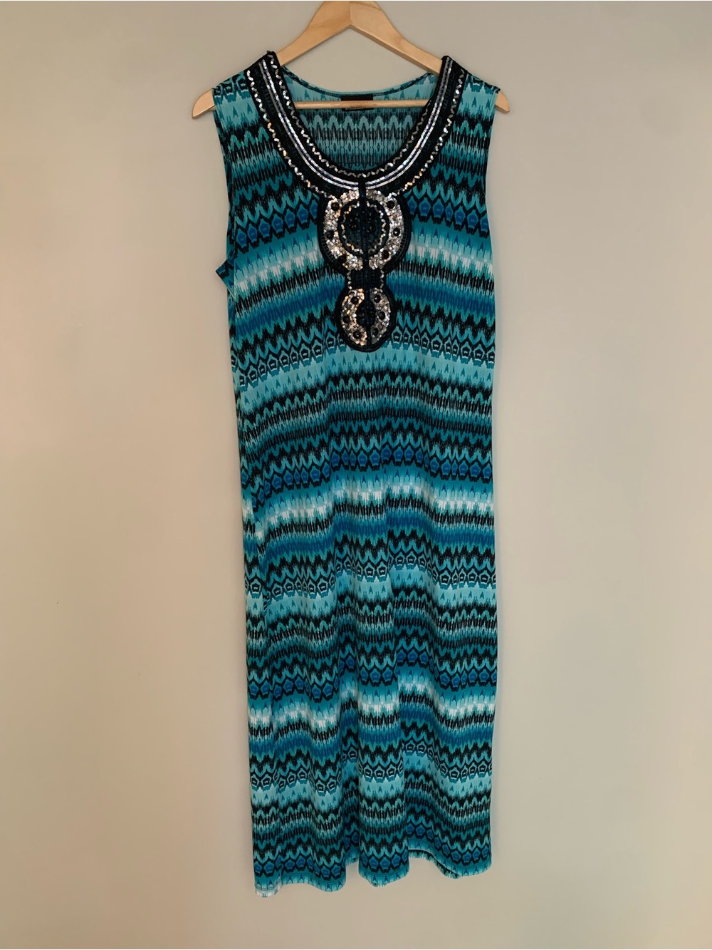 Embellished Teal Patterned Sleeveless Maxi Dress
